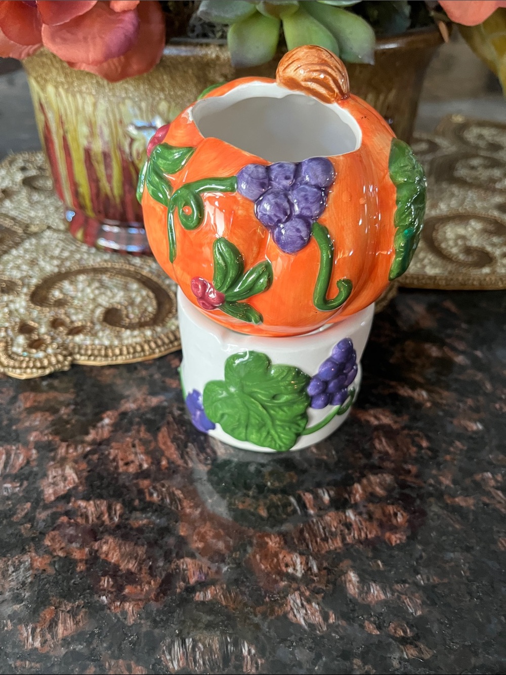Hand-Painted Orange Pumpkin Ceramic Votive with Purple Grape Accent